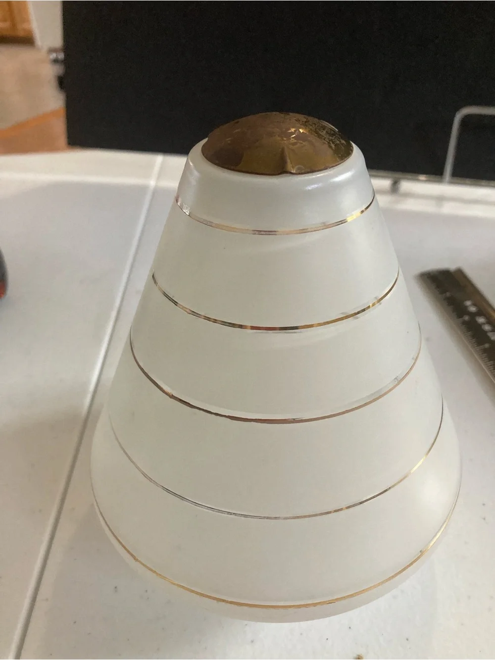 Vintage Art Deco White Frosted Glass Lamp Shade Globe Accent with Gold Bands